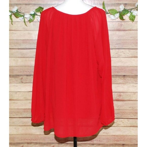 Carmen Marc Valvo Red Blouse Tunic Plus Size 3X Zip Up Tie Up Keyhole Neckline - Picture 7 of 10